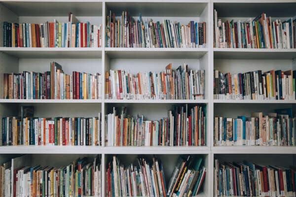 Ein weißes Bücherregal in frontaler Ansicht.